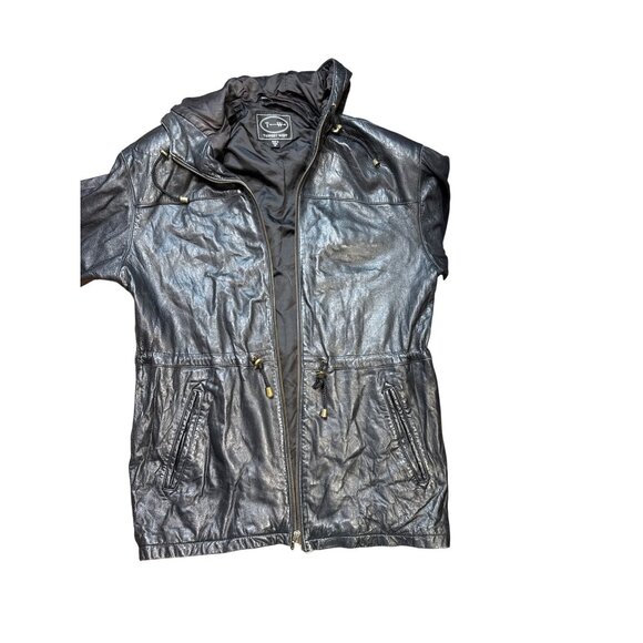 Tannery West Black Hooded Leather Jacket With Gold Accent Zippers Zip-Up Front & - Picture 5 of 16